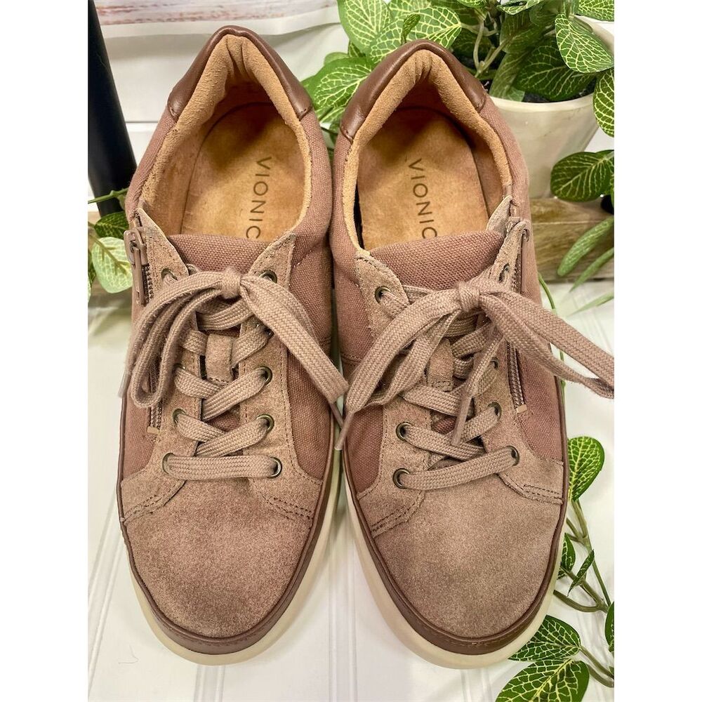 Vionic Mayra Mauve/Brown Sneakers Size 7.5 Suede & Canvas Zip - Picture 2 of 10